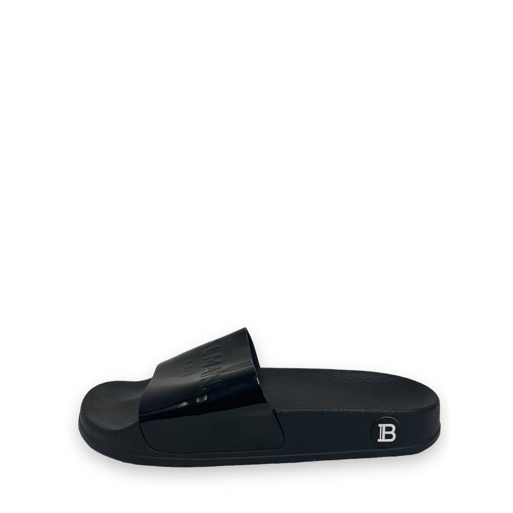 BALMAIN Black Calypso Embossed Patent Leather Logo Flats Slides Size 36 US 6 - Picture 1 of 8